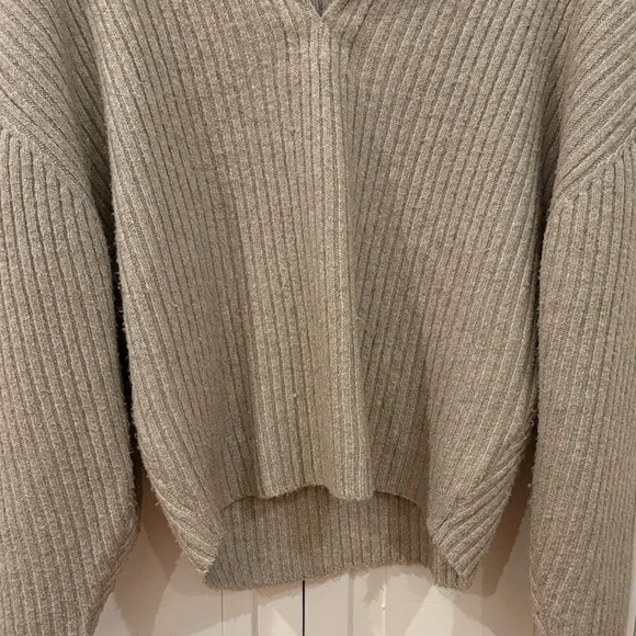 Women's Tan Deep V-Neck Sweater - Picture 4 of 13